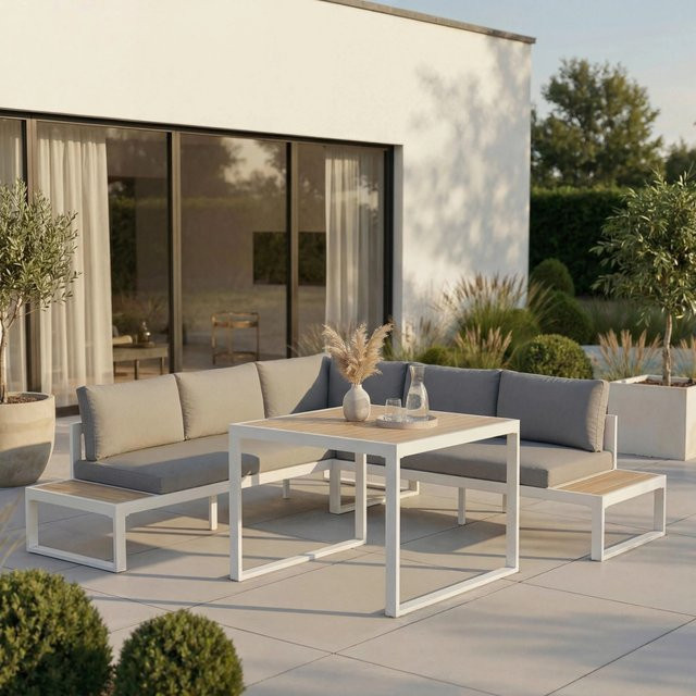 Bessagi Garden Veneya Dining-Loungeset in Grau mit L-Form, Polsterung und Couchtisch für Garten, Terrasse und Balkon - Bild 1