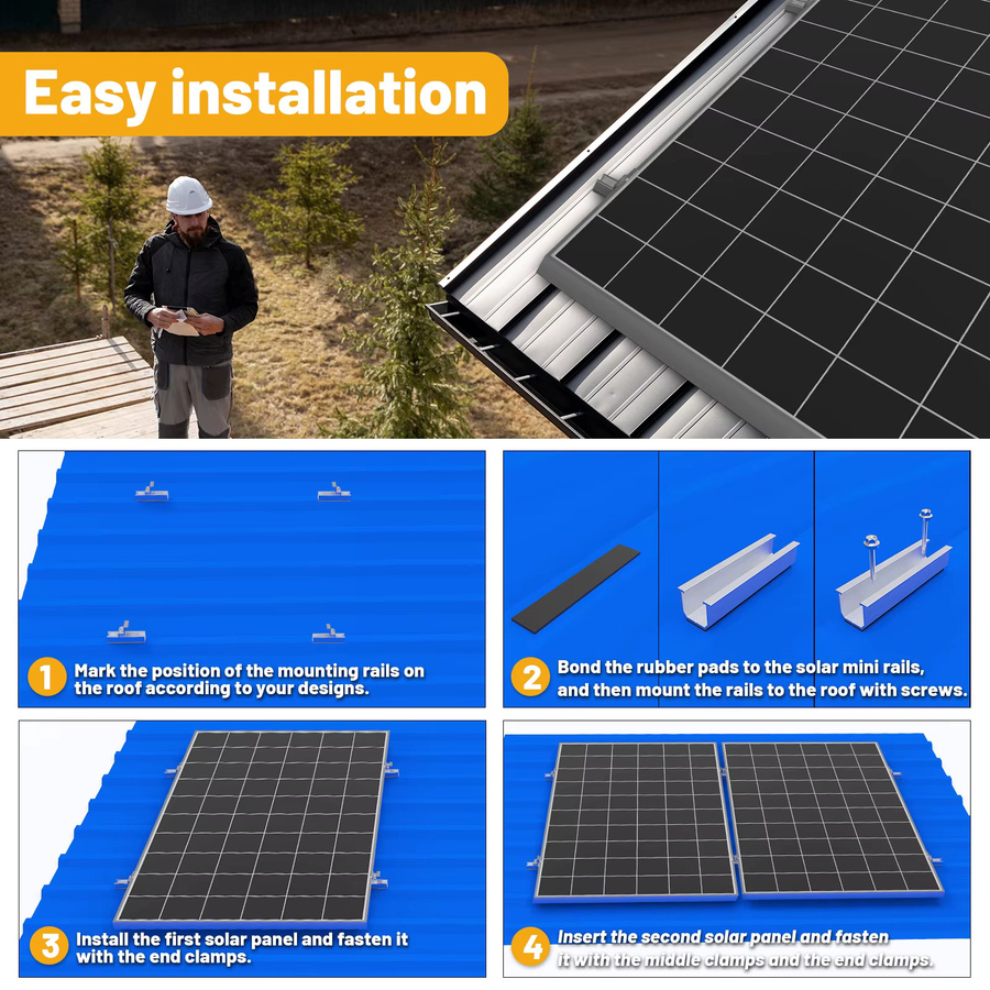 CP-SETUNO Solarpanel-Montagehalterungsset mit 120 mm Mini-Schienen, Mittelklemmen, Endklemmen und Gummipolstern in Silber für Schindeln, Schiefer und Holz - Bild 4