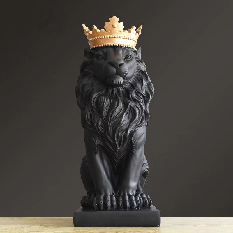 Yiran Furniture Löwen Statue mit Krone aus Harz in Schwarz als handgefertigtes Deko-Ornament für dein Zuhause oder Büro - Bild 2