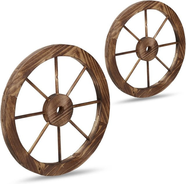 Relaxdays Wagenrad Speichenrad aus Tannenholz in Braun Geflammt, 2er Set, Durchmesser: 60 cm, Tiefe: 3 cm - Bild 1