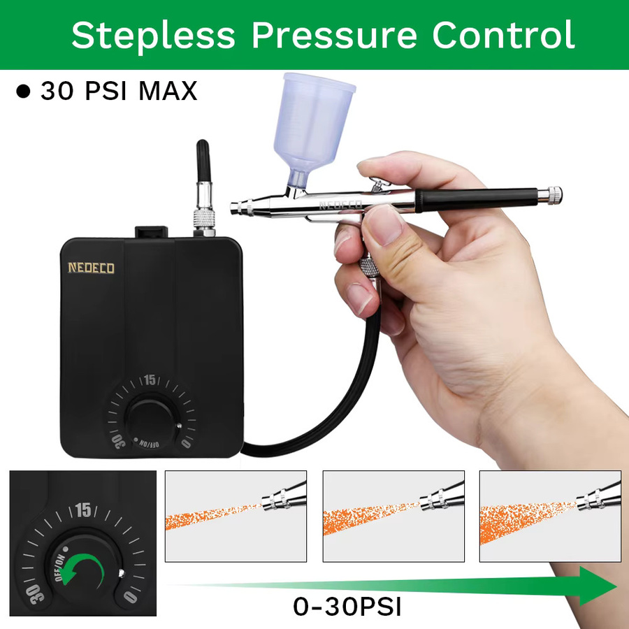 NEOECO Dual-Action-Airbrush-Kit mit 30 PSI Hochdruck-Kompressor, automatischer Stoppung und stufenloser Steuerung zum Lackieren von Modellen, Make-up und Nägeln - Bild 2