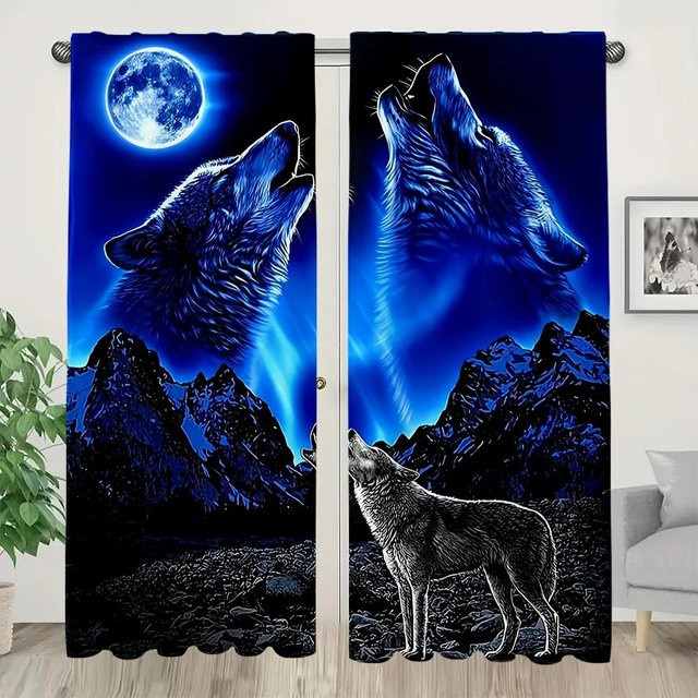 Yiran Furniture Vorhänge mit 3D Wolf Heulen unter dem Mond Motiv, semi-transparent, 2er-Set, Breite: 35 cm, Höhe: 100 cm - Bild 1