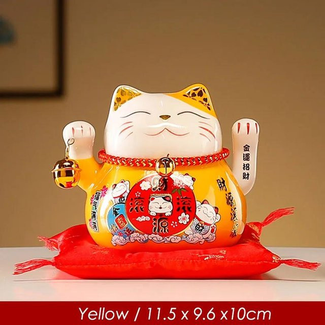 Winkende Glückskatze Maneki-Neko aus Keramik in Gelb, batteriebetrieben, Höhe: 11,4 cm - Bild 1