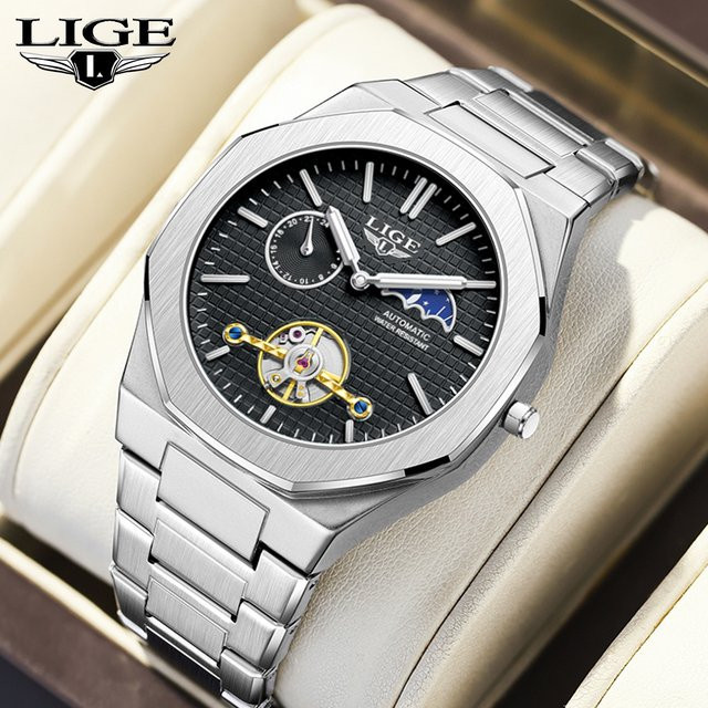 LIGE Armbanduhr, mechanisch, Edelstahl, Mondphase, Tourbillon, Herren - Bild 1