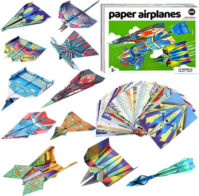Papierflugzeug-Set mit 12 klassischen Designs aus buntem Origami-Papier für Schüler, Mehrfarbig - Bild 1