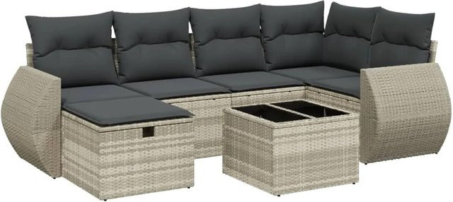 vidaXL 7-tlg. Garten-Sofagarnitur in L-Form mit Kissen und Couchtisch, Hellgrau, Poly Rattan und Metallrahmen - Bild 1