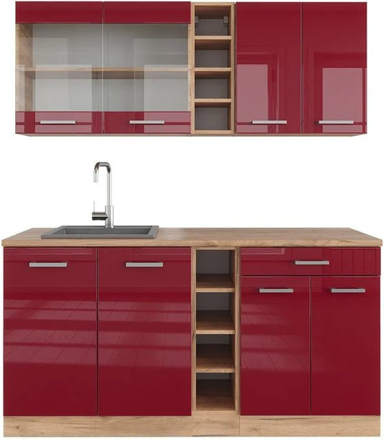 Vicco R-Line Singleküche Bordeaux Hochglanz und Goldkraft Eiche, Breite: 160 cm - Bild 1