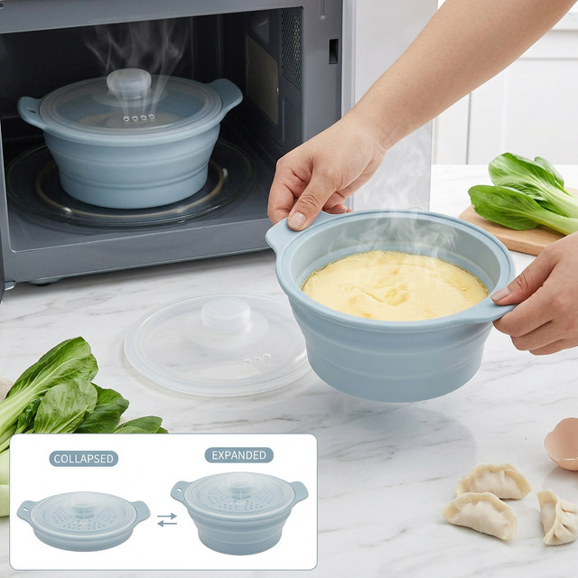 Willstar Silikon-Dampfgarer faltbar in Blau, Mikrowellen-Dampftopf mit Griff und Deckel für Gemüse, Meeresfrüchte und Suppen, 1,24 l - Bild 1