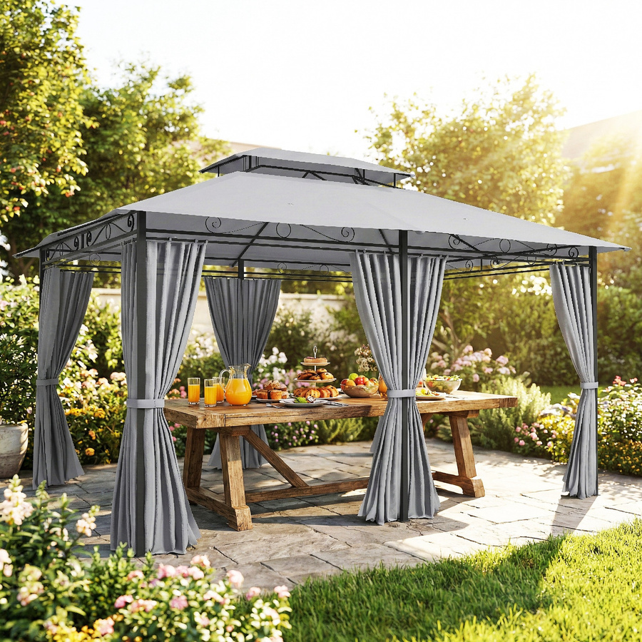Outsunny Gartenpavillon mit 6 Seitenteilen und Doppeldach in Dunkelgrau, B/T: 400 x 300 cm - Bild 2