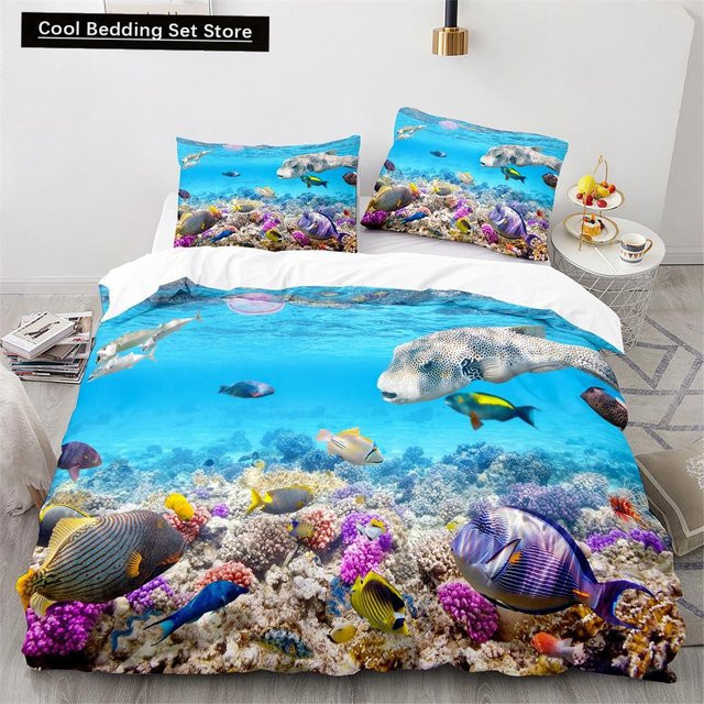 Bettwäsche Set Unterwasserwelt Blau mit Hai und Korallenfisch aus Polyester, 3-teilig, B/H: 135 x 200 cm - Bild 1