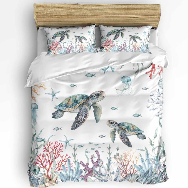 Binchi Fitness 3-teiliges Bettwäscheset mit nautischem Meeresschildkröte und Seestern Design, Doppelbett Bettbezug und Kissenbezüge, Mehrfarbig, B/H: 180 x 210 cm - Bild 1