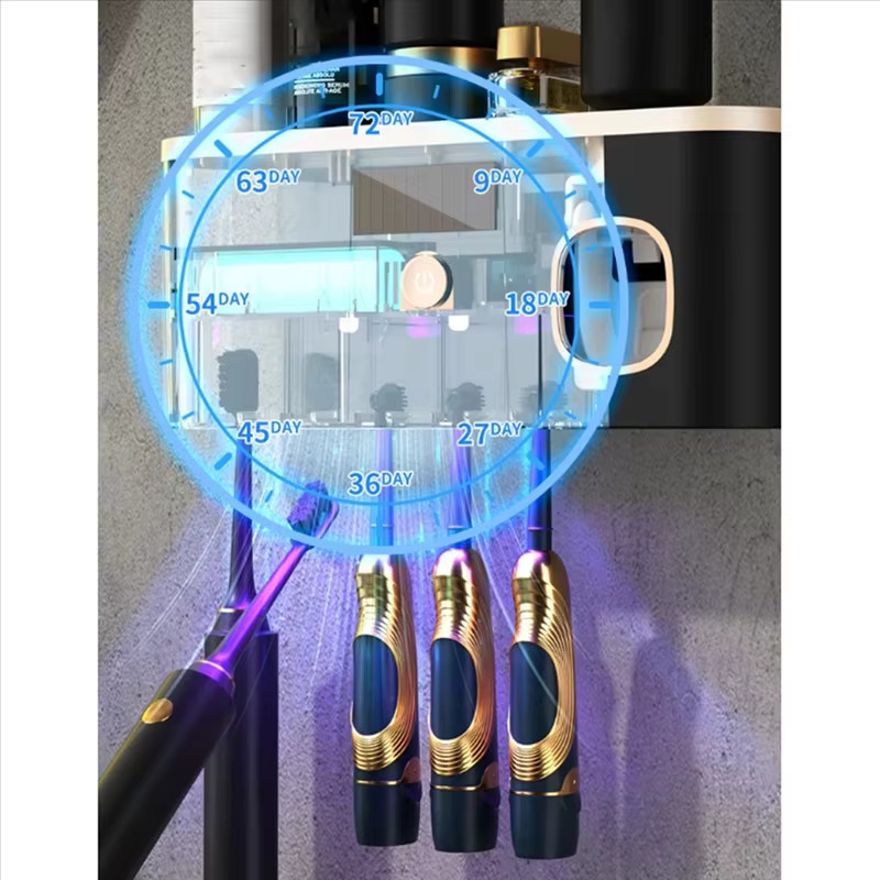 NOCCLILI 3-in-1 Elektrische Zahnbürsten-Desinfektionsvorrichtung mit Zahnpasta-Spender, Wandmontierter Zahnbürstenhalter in Schwarz und Gold - Bild 3