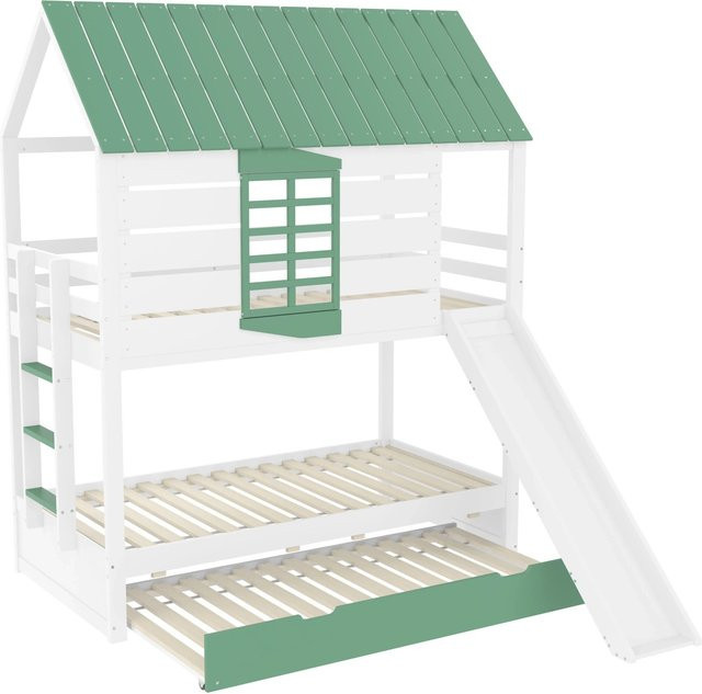 KOMHTOM Haus-Etagenbett für Kinder mit Rutsche und Ausziehbett aus Kiefer und MDF, Weiß-Grün, B/T/H: 205,4 x 90 x 120 cm - Bild 1