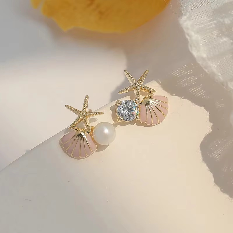 rinhoo Ohrringe, Seestern, Shell, Perle, Zirkonia, Damen, Gold - Bild 2