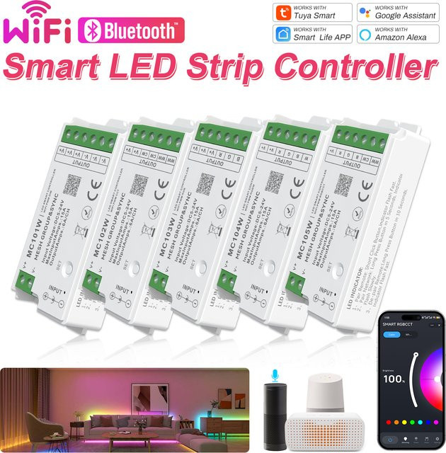 Tuya WiFi Smart LED-Streifen-Controller RGBCCT mit Fernbedienung, dimmbarer SPI LED-Lichtsteuerung für 5-24V, Farbe Weiß - Bild 1
