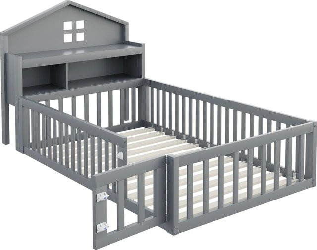 Merax Kinderhausbett aus Massivholz mit Stauraum und Regalfächern, Grau, B/T/H: 200 x 90 x 115 cm - Bild 1