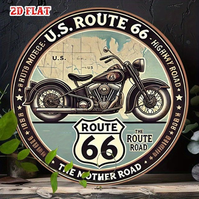 CIFBUY Retro 66 Autobahn Metallwandkunst Vintage Motorrad Aluminium Garagendekoration Mehrfarbig Rund - Bild 1