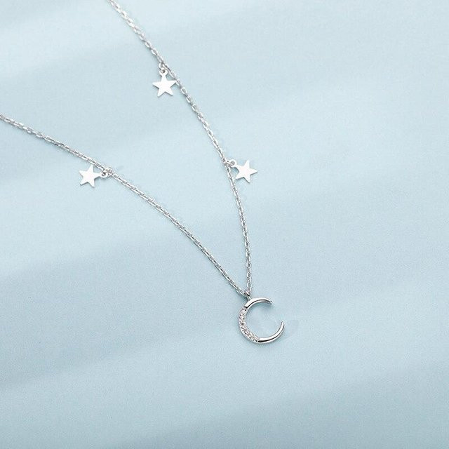 Halskette 925 Silber, Quaste Stern Mond, Zirkonia, Damen - Bild 1