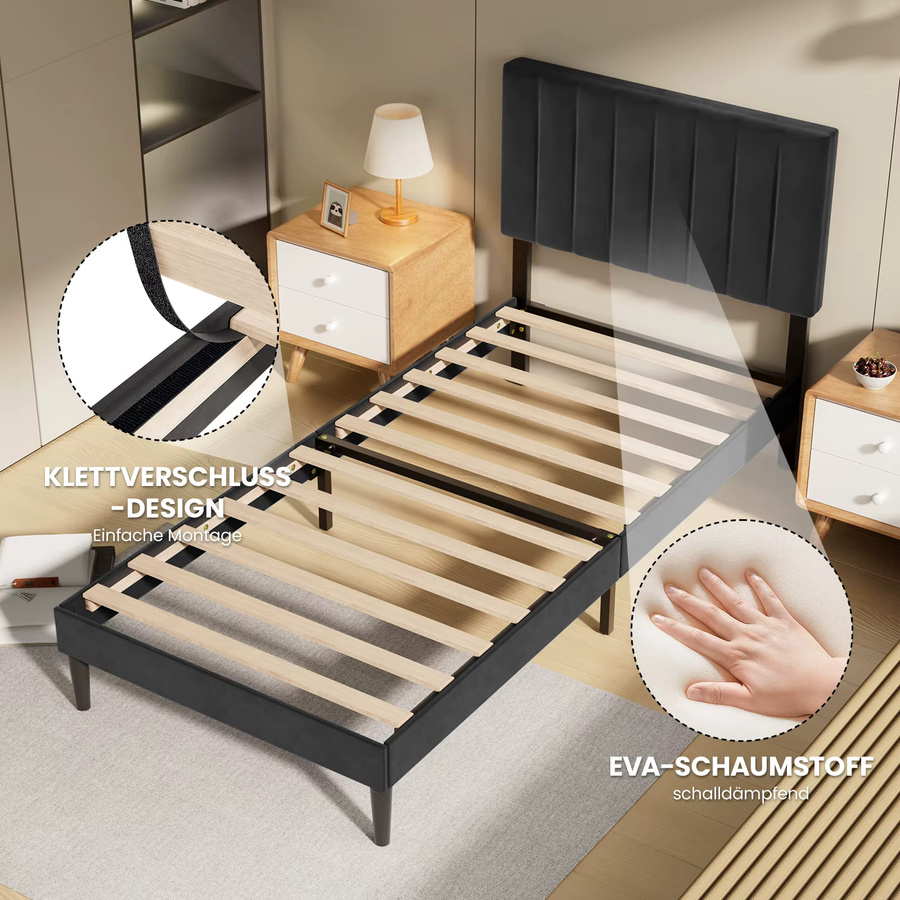 KUTAS Polsterbett Einzelbett mit verstellbarem Kopfteil und Lattenrost in Grauweiß, B/T: 90 x 200 cm - Bild 4