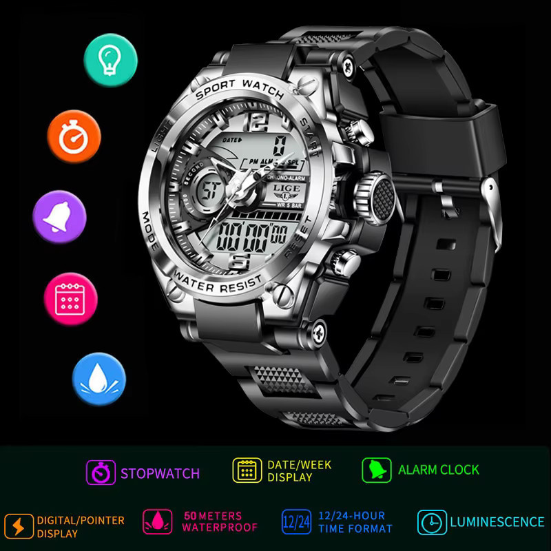 LIGE Digitaluhr, Quarz, Edelstahl, Schwarz, Herren - Bild 5