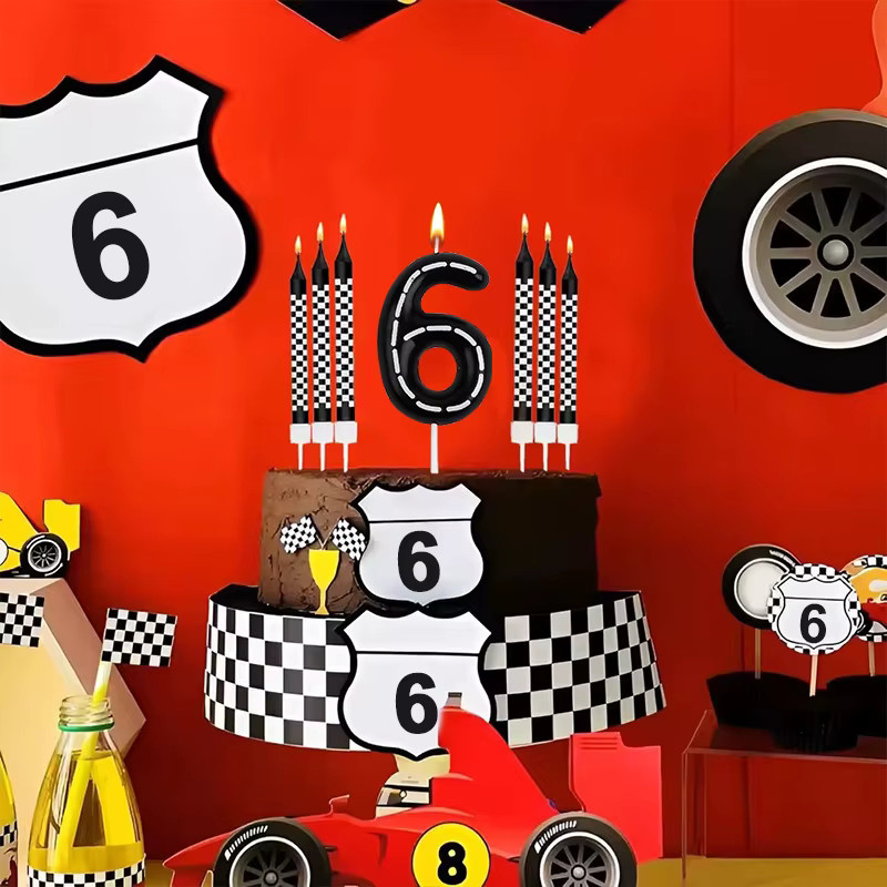 ZQNYCY 7-teiliges Racing-Autos Geburtstag Kerzen-Set in Schwarz und Weiß mit kariertem Design für Kindergeburtstag und Party-Dekoration - Bild 2