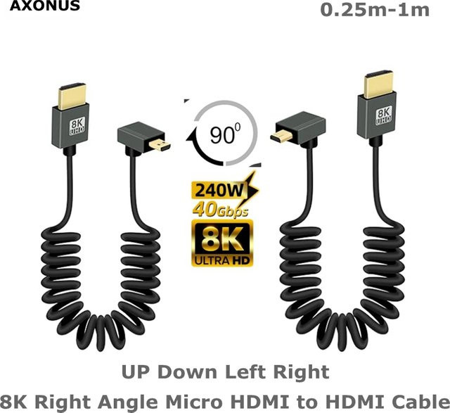 AXONUS Micro-HDMI-zu-HDMI-Spiralkabel in Schwarz, 8K HDMI 2.1 Hochgeschwindigkeitskabel mit 48 Gbit/s, unterstützt 8K bei 60 Hz und 4K bei 120 Hz, 90 Grad Winkel - Bild 1