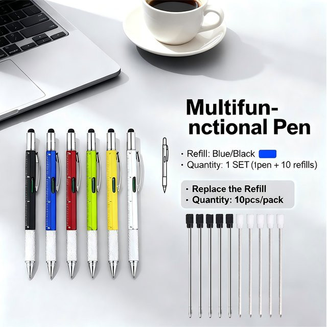 7-in-1 Multifunktions-Kugelschreiber aus Metall in Schwarz mit Lineal, Schraubendreher, Stylus und Wasserwaage - Bild 1