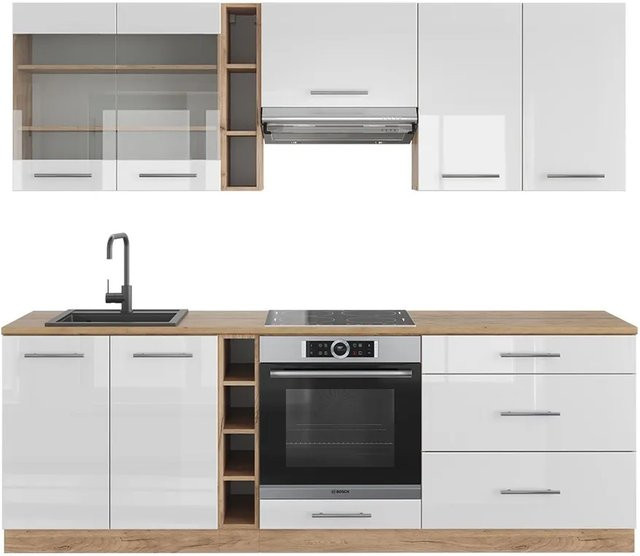 Vicco Fame-Line Küchenzeile Weiß Hochglanz und Goldkraft Eiche, Breite: 235 cm - Bild 1