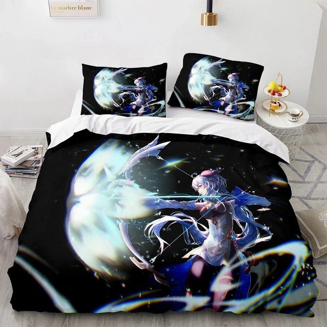 Genshin Impact Anime Bettwäsche Set mit Bettbezug und Kissenbezug, Schwarz, B/H: 135 x 200 cm - Bild 1
