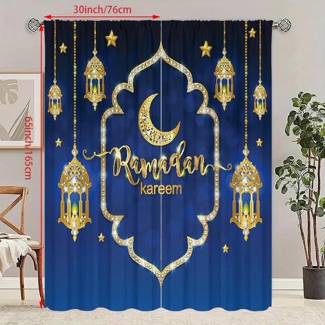 2er-Set Ramadan Vorhang mit Mond und Sternen Motiv, Blau, Polyester, Breite: 76 cm, Höhe: 165 cm - Bild 1