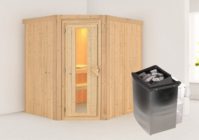 Karibu Sauna-Set Swenna aus Holz in Braun mit 9,0 kW Ofen, integrierter Steuerung und Energiespartür, B/T/H: 196 x 170 x 198 cm - Bild 1