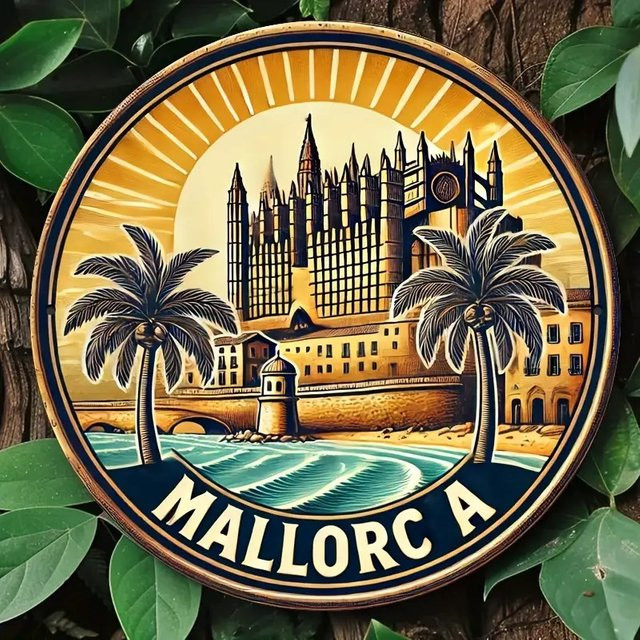 Runde Wanddekoration aus Aluminium von Potdemiel mit Mallorca-Strandszene, Palmen und Schloss-Design, Mehrfarbig, Durchmesser: 20,32 cm - Bild 1