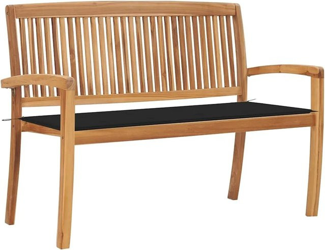 vidaXL Stapelbare Gartenbank aus Teakholz mit Auflage in Braun und Schwarz, B: 128,5 cm, H: 90 cm, T: 57,5 cm - Bild 1