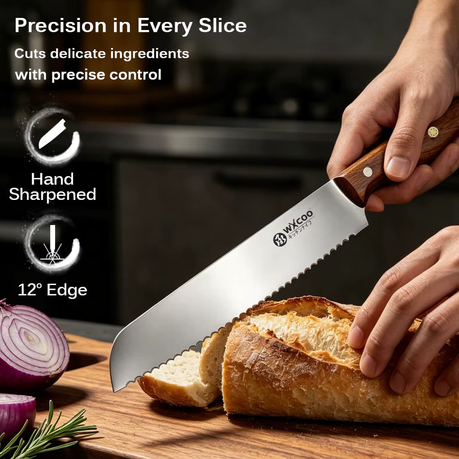 WXCOO 4-teiliges Edelstahl-Küchenmesser-Set in Silber mit Brotmesser, Santoku-Schneidemesser und Fleischbeil - Bild 3