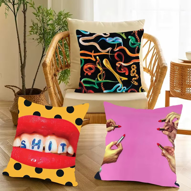 VIKAMA Vintage Pop-Art Kissenbezug Rote Lippen, quadratischer Dekokissenbezug in Rot und Multicolour, Waschbar, Breite: 30 cm, Breite: 30 cm - Bild 3