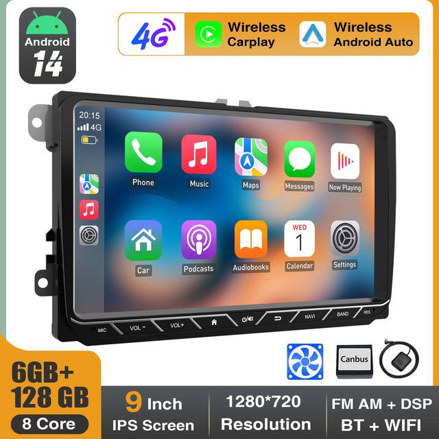 ESSGOO Android 14 Autoradio mit 9 Zoll Display, 6+128GB Speicher, 8-Kern Prozessor, Wireless Carplay, Android Auto, 4G DSP, GPS und WLAN für VW Golf 5 6, Passat, Polo, Touran, Tiguan und Jetta, Schwarz - Bild 1