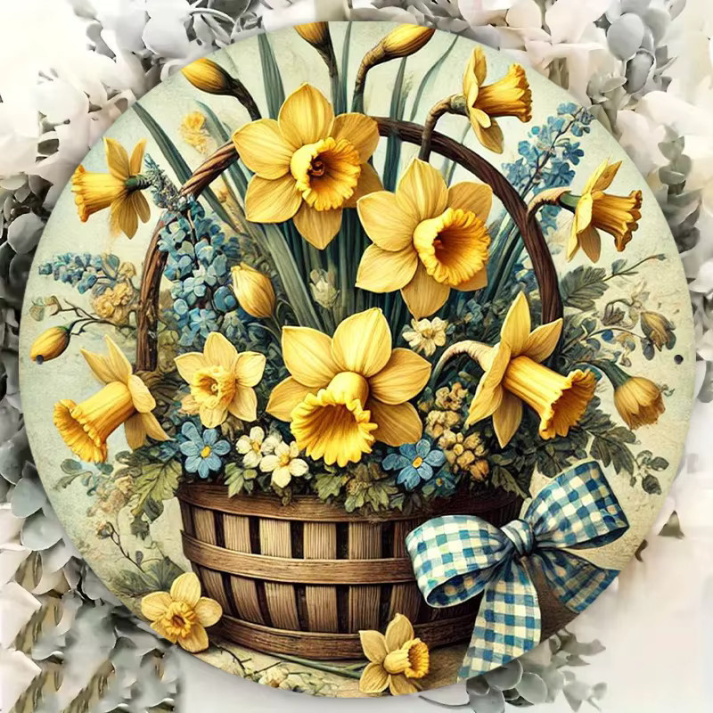 Potdemiel Frühlingskranz mit Narzissen und Glockenblumen aus Metall, runde Wanddekoration in Gelb, Durchmesser: 20,3 cm - Bild 4
