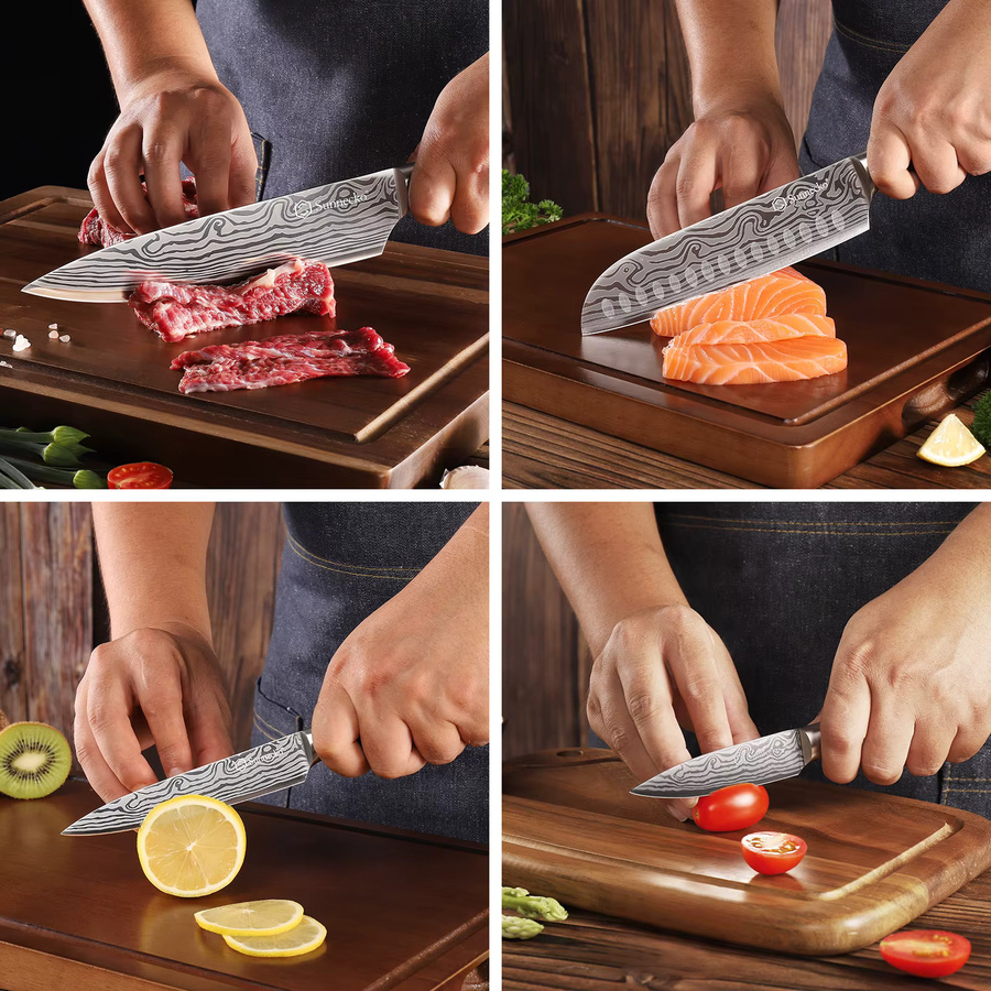 Sunnecko Kochmesser-Set aus Edelstahl mit Damastmuster für Fleisch und Gemüse - Bild 3