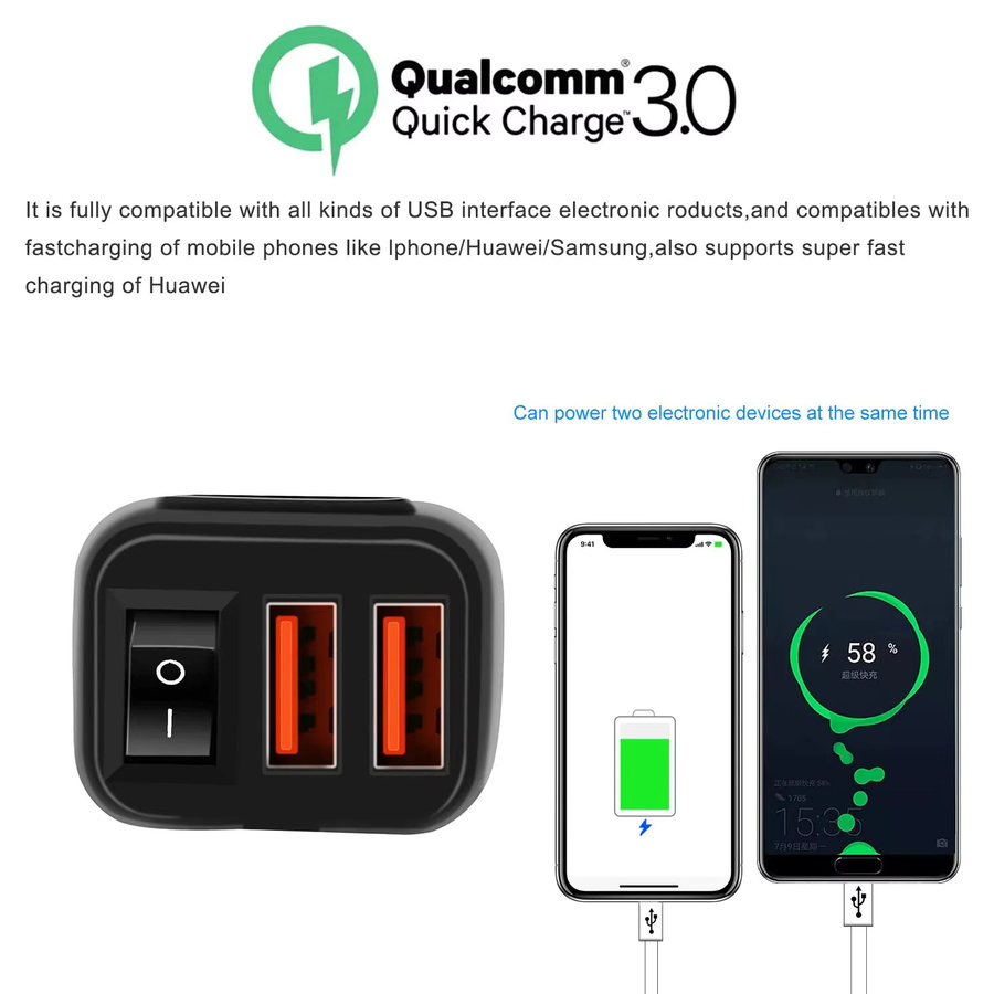 Universal 12V Motorrad USB Ladegerät mit USB-A und USB-C Schnellladefunktion, Digitales Netzteil für Motorrad Zubehör in Schwarz und Blau - Bild 3