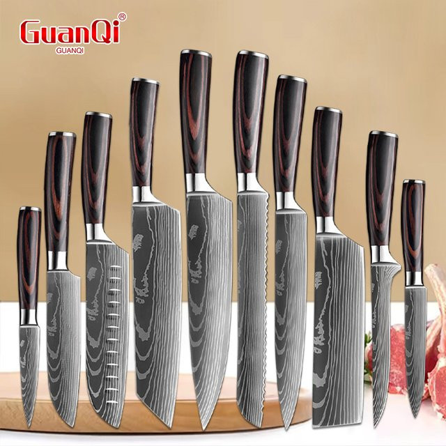 GuanQi Damaszener-Messer mit Holzgriff in Silber - Bild 1