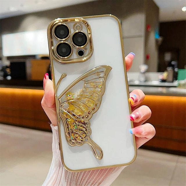 Yiran Silikon Handyhülle mit Schmetterling und Glitzer-Treibsand für iPhone 16 15 14 13 12 11 Pro Max, transparent/weiß, stoßfestes Bumper Cover - Bild 1