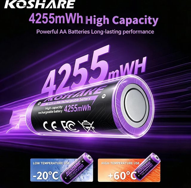 KOSHARE AA und AAA wiederaufladbare Li-Ionen-Batterien 1,5V mit geringer Selbstentladung für elektrische Spielzeuge, medizinische Geräte und Kameras in Lila - Bild 1