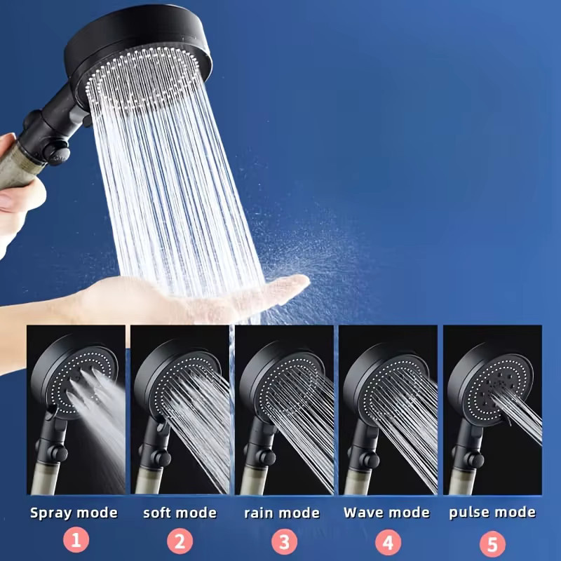 IOUHAPPY Duschkopf Set mit Handbrause und Filter in Matt Schwarz, 5 Funktionen, Hochdruck-Regenduschkopf mit Ein-/Ausschalter, 1,5 m Schlauch und Halterung - Bild 5