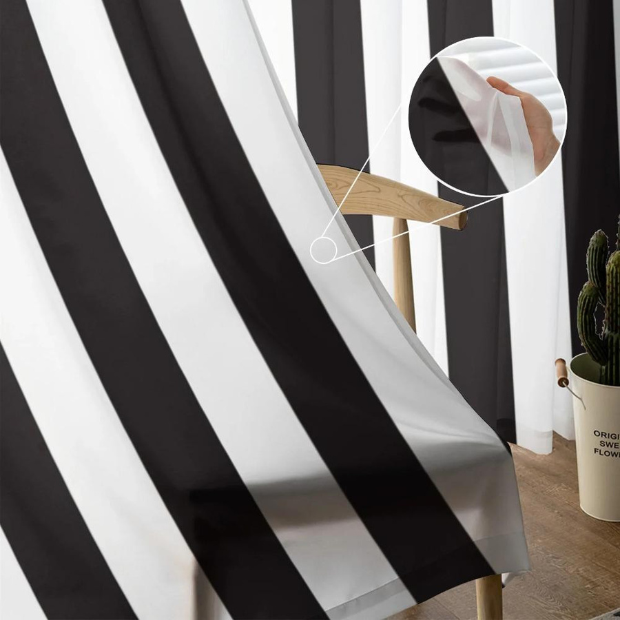 Yiran Furniture Transparentes Tüll-Voile-Organza Vorhang-Set mit schwarz-weißem Streifenmuster für Wohnzimmer, Küche und Schlafzimmer, B: 135 cm, H: 245 cm, 2er-Pack - Bild 2