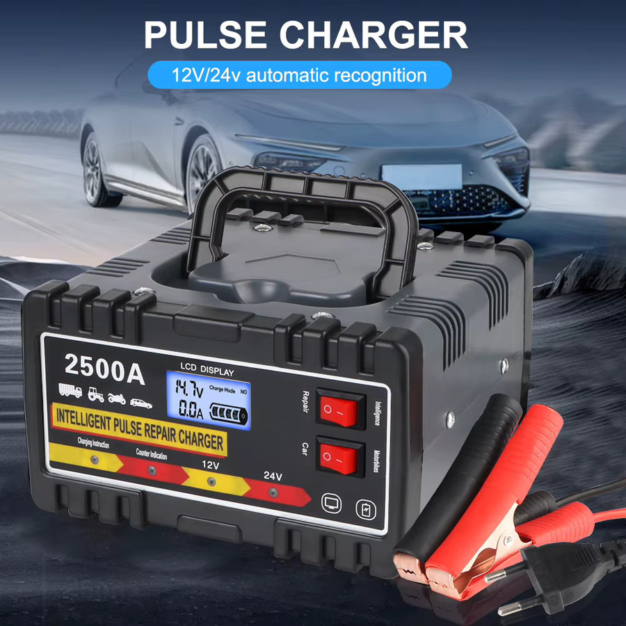 Intelligentes Puls-Reparatur-Ladegerät für Auto und Motorrad mit digitalem LCD-Display, 12V/24V, 220W, EU-Stecker, Schwarz - Bild 4