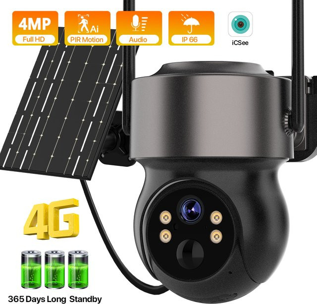 Wonsdar 4MP 4G SIM Solar Außenkamera mit Solarpanel, PIR-Bewegungserkennung und ICSee Videoüberwachung, Schwarz - Bild 1