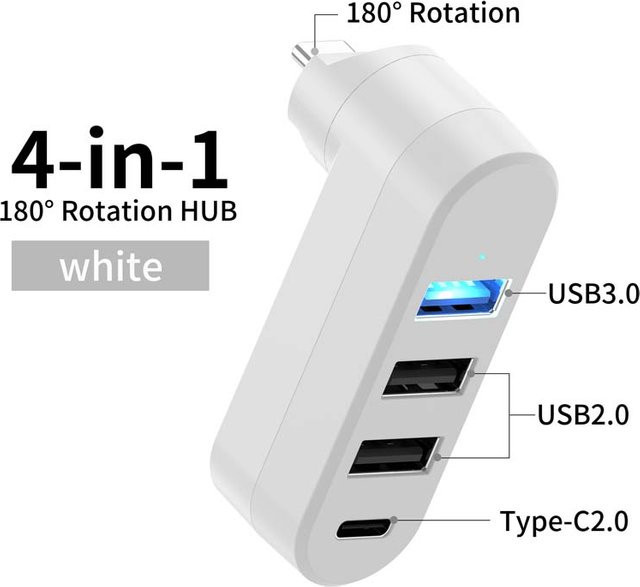 OULLX 4-Port USB-C Hub mit 180 Grad drehbarer Funktion, USB 3.0 und USB 2.0 Datenübertragung, Lade-Dockingstation für Laptop und Smartphone, Weiß - Bild 1