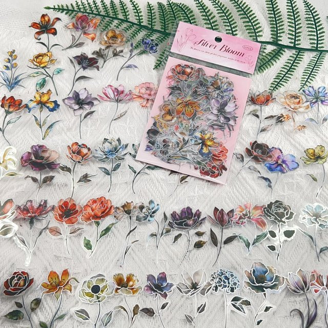50 oder 100 Stück Silberne Vintage Staubblatt-Aufkleber mit Blumen- und Blätterdesign aus PET für Tagebücher und Handyhüllen - Bild 1