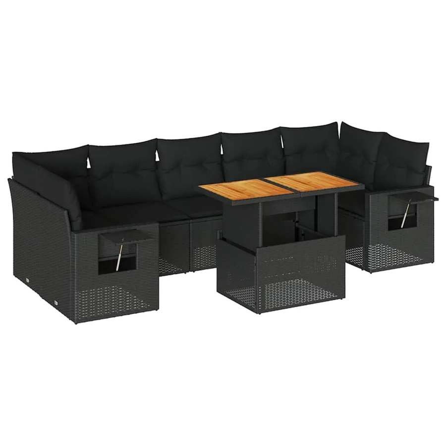 vidaXL 8-tlg Garten-Sofagarnitur in L-Form aus schwarzem PE-Rattan mit Kissen und Akazienholz - Bild 2