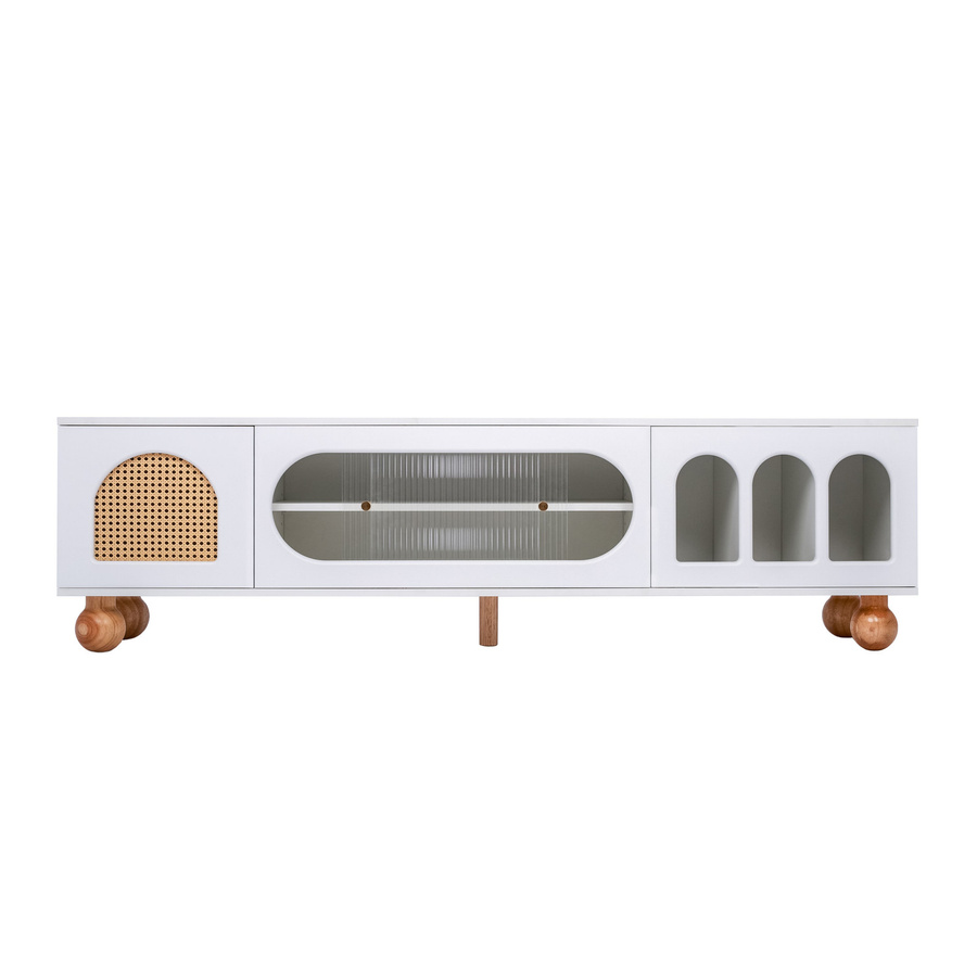 Aosom TV Schrank in Weiß mit Rattan-Optik, Glasschiebetüren und Massivholzfüßen, Breite: 170 cm - Bild 2